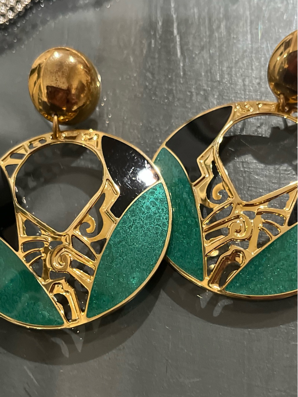 designer Edgar Berebi signed Gold, Black and Teal Round Statement Earrings -